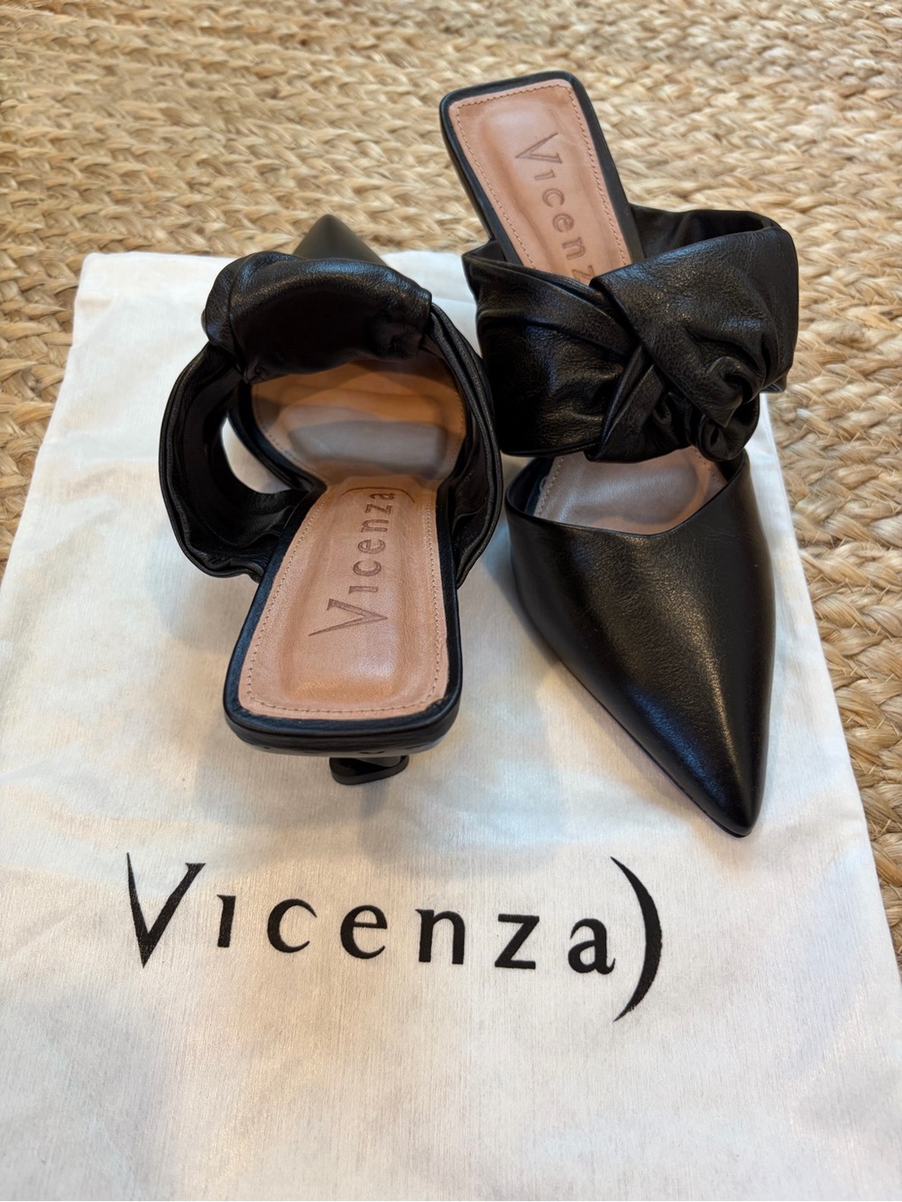 Vicenza Knotted Kitten Heels - Black Matte Leather Mules | Size 39 - Picture 6 of 6